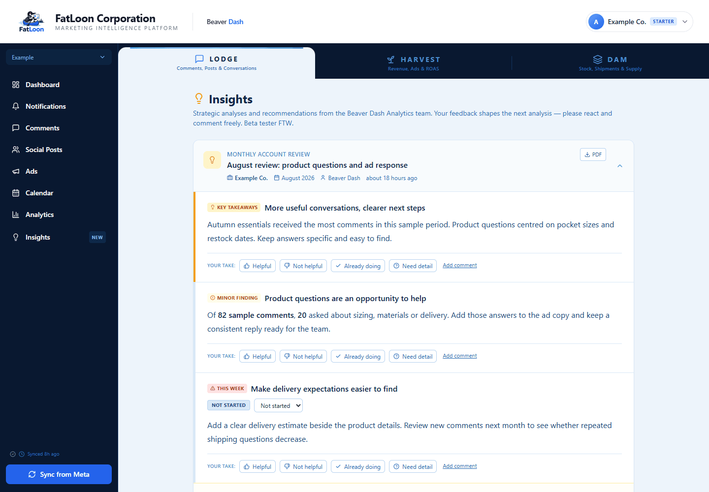 Current Beaver Dash Insights screen from FatLoon’s public website, using Example Co. and fictional reports and numbers. Updated September 10, 2026.