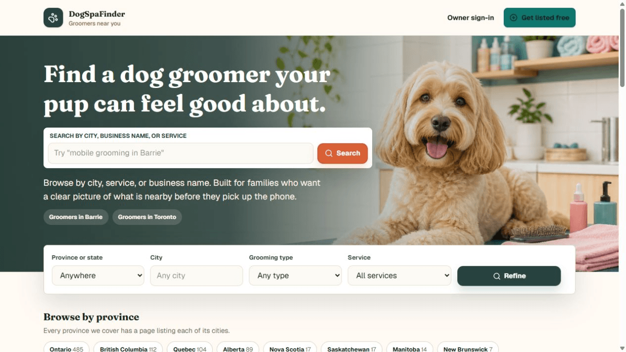 Actual public homepage. Grooming imagery is website artwork, not a client testimonial.