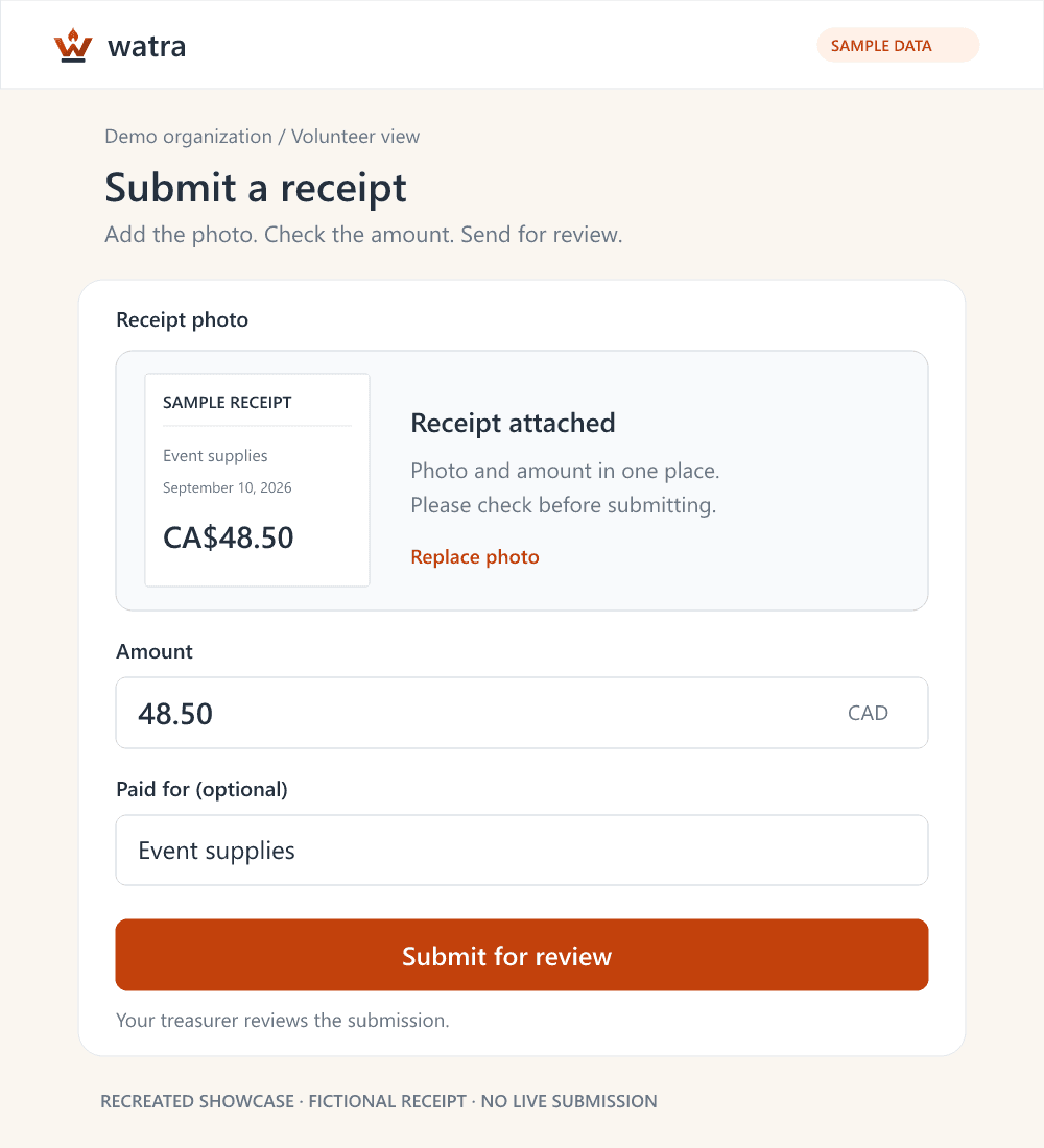 Recreated volunteer form with a fictional receipt. Based on Watra’s photo, amount and optional description flow. No live submission.
